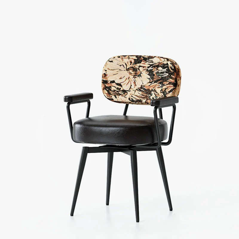 Contemporary Nordic Square Rectangular Carbon Steel Oil Wax Leather Jacquard Fabric Sunflower Pattern 360°Swivel Desk Chair Backrest Armrest For Home Office
