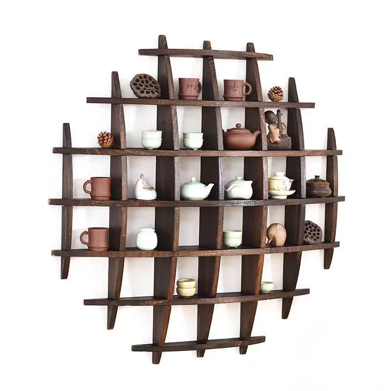 Traditional Chinese Curved Round Paulownia Wood Storage Shelf 5/7-Tier For Living Room