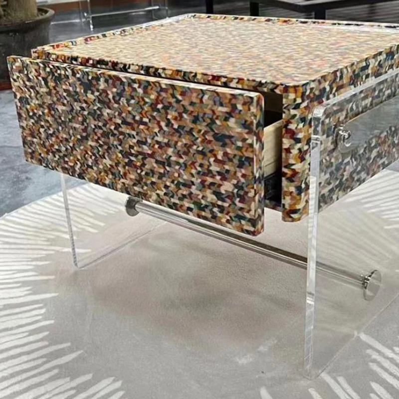 Modern Minimalist Rectangular Acrylic Eco-Friendly Panel Tech Wood Veneer Stainless Steel Nightstand 2-Leg 1-Drawer For Bedroom