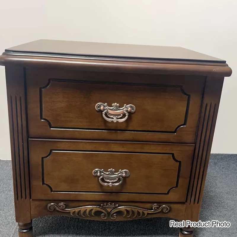 Traditional Vintage Rectangular Rubberwood MDF Plywood Nightstand 2-Drawer For Bedroom