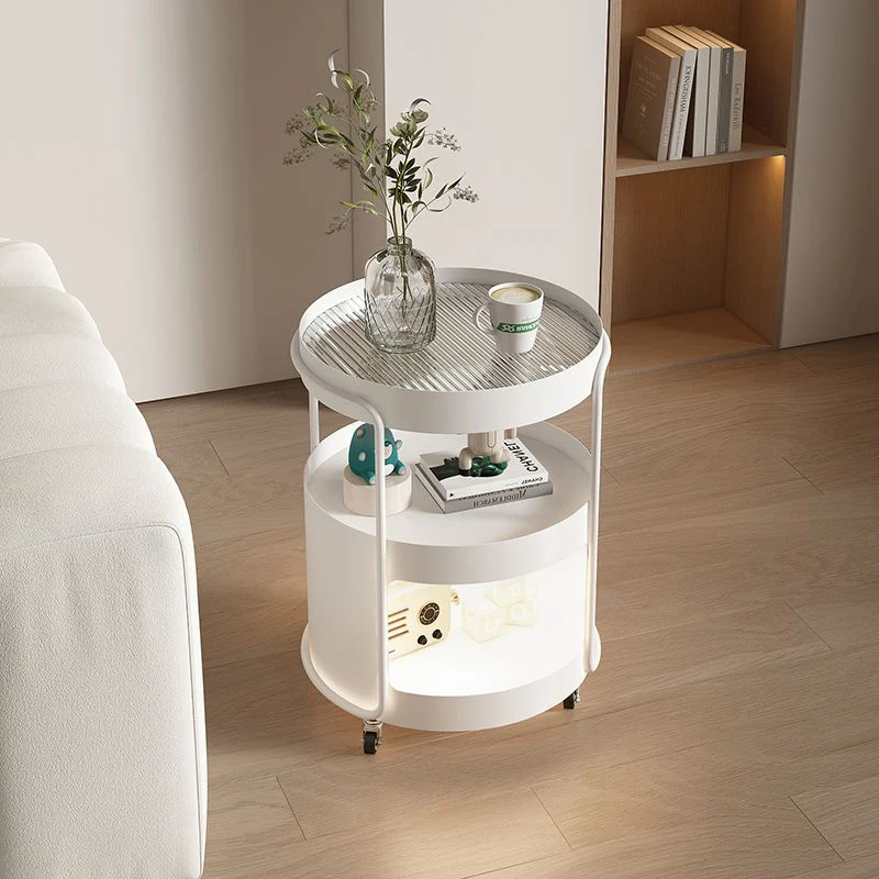 Modern Minimalist Round Tempered Glass Iron Movable End Table 3-Tier Storage Rack For Living Room