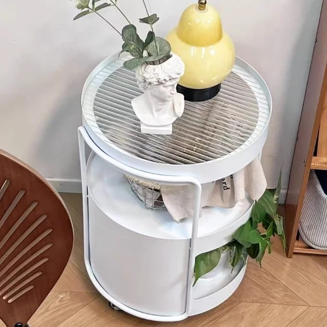 Modern Minimalist Round Tempered Glass Iron Movable End Table 3-Tier Storage Rack For Living Room