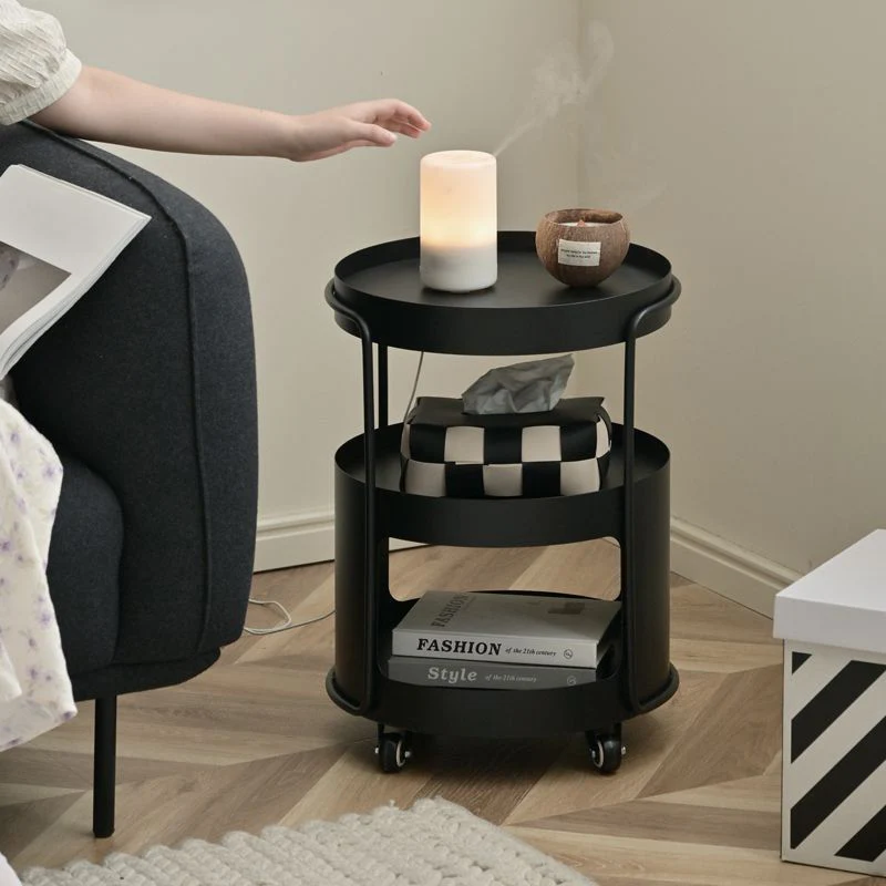 Modern Minimalist Round Tempered Glass Iron Movable End Table 3-Tier Storage Rack For Living Room