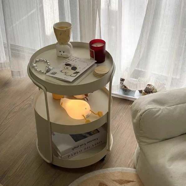 Modern Minimalist Round Tempered Glass Iron Movable End Table 3-Tier Storage Rack For Living Room
