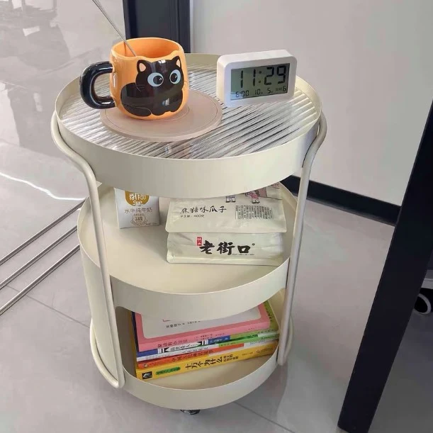 Modern Minimalist Round Tempered Glass Iron Movable End Table 3-Tier Storage Rack For Living Room