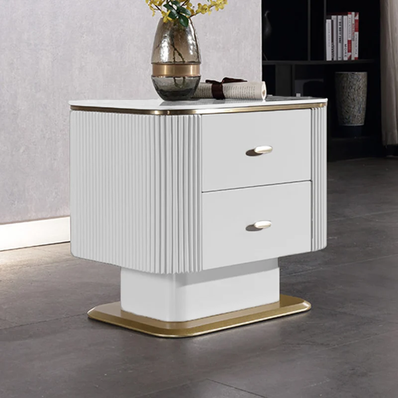 Elegant Light Luxury Nightstand - Heat-Resistant Sintered Stone Top & Baked-Enamel Craftsmanship Bedside Table 2-Drawer For Bedroom