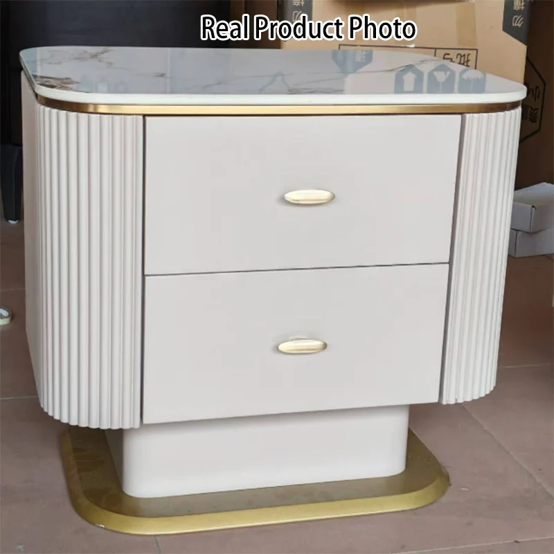 Elegant Light Luxury Nightstand - Heat-Resistant Sintered Stone Top & Baked-Enamel Craftsmanship Bedside Table 2-Drawer For Bedroom
