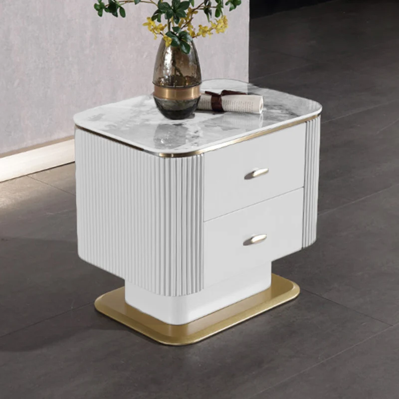 Elegant Light Luxury Nightstand - Heat-Resistant Sintered Stone Top & Baked-Enamel Craftsmanship Bedside Table 2-Drawer For Bedroom