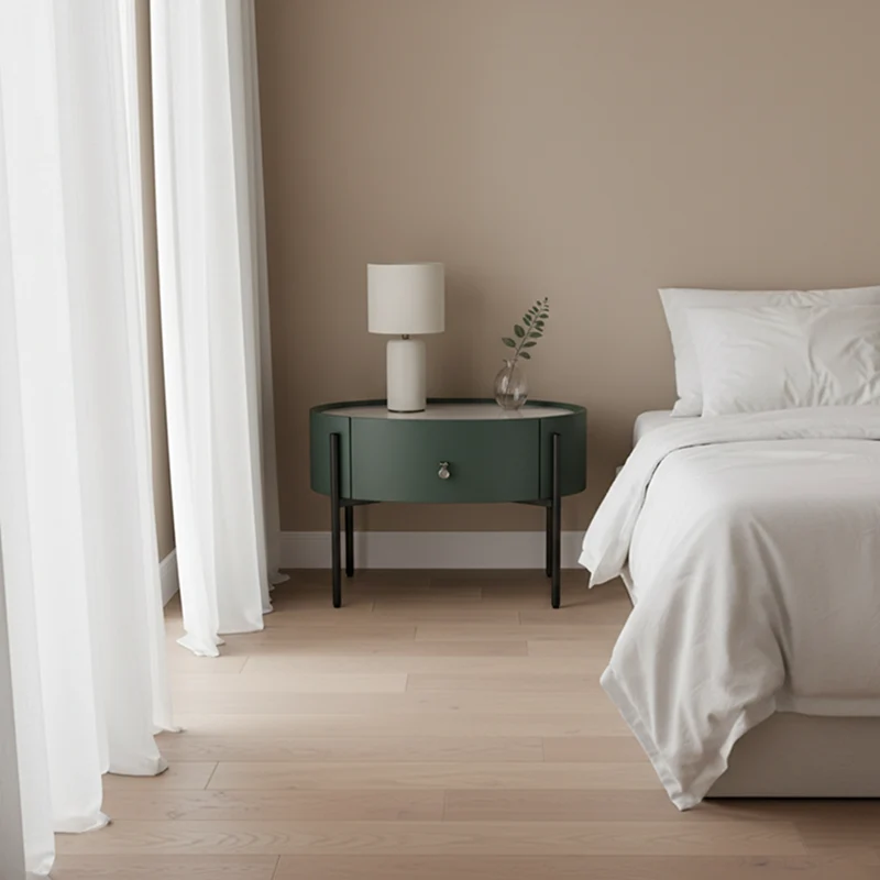 Durable Sintered Stone Top & Faux Leather Nightstand - Scandinavian Design Style Ellipse Bedside Table 1-Drawer For Bedroom