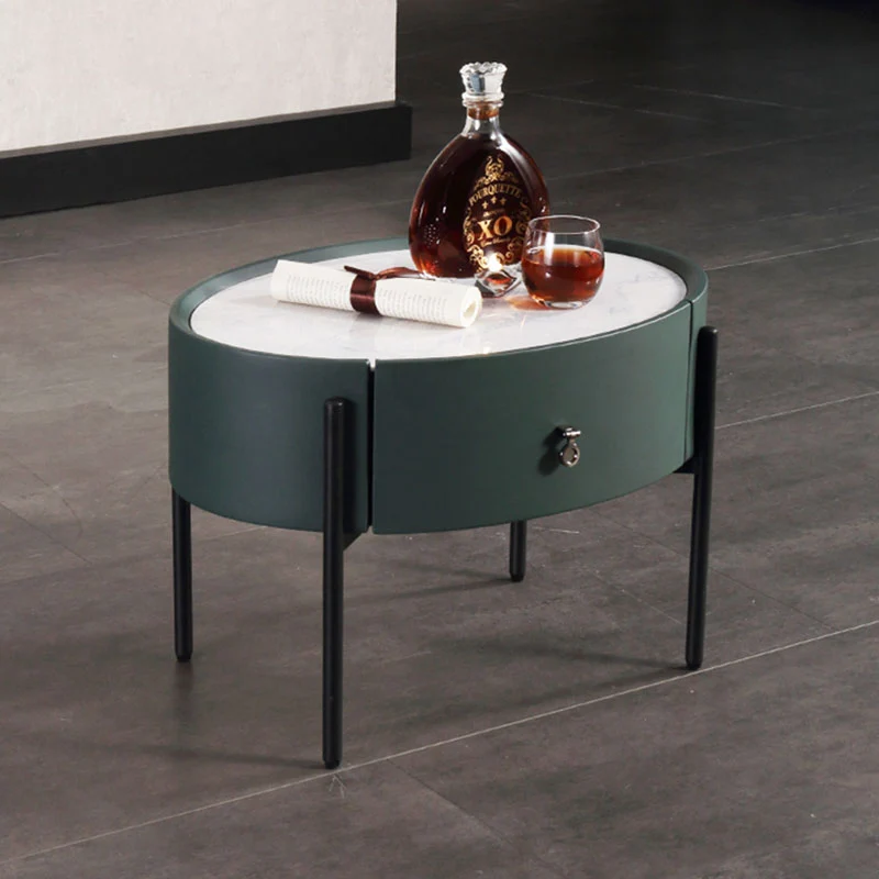 Durable Sintered Stone Top & Faux Leather Nightstand - Scandinavian Design Style Ellipse Bedside Table 1-Drawer For Bedroom