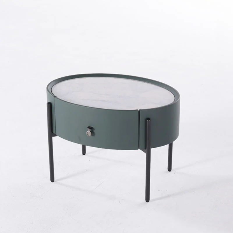 Durable Sintered Stone Top & Faux Leather Nightstand - Scandinavian Design Style Ellipse Bedside Table 1-Drawer For Bedroom