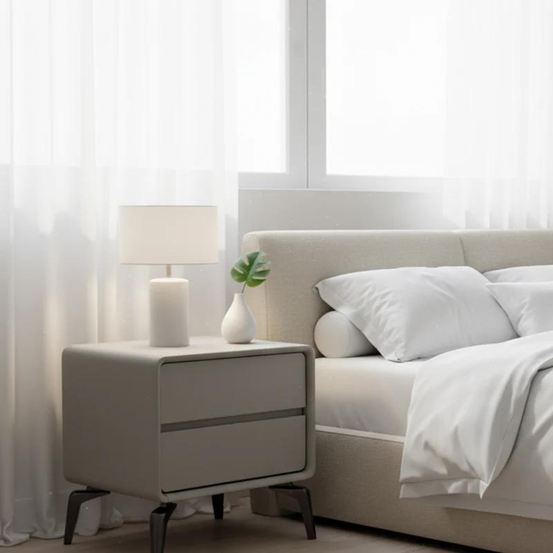Modern Minimalist Design Nightstand - Refined Rounded Corners & Luxe Faux PVC Leather Charm Bedside Table 2-Drawer For Bedroom