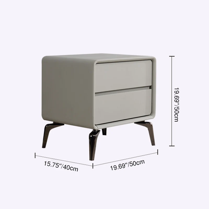 Modern Minimalist Design Nightstand - Refined Rounded Corners & Luxe Faux PVC Leather Charm Bedside Table 2-Drawer For Bedroom