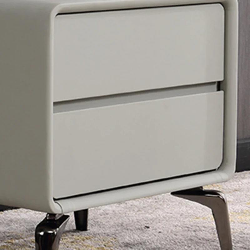 Modern Minimalist Design Nightstand - Refined Rounded Corners & Luxe Faux PVC Leather Charm Bedside Table 2-Drawer For Bedroom