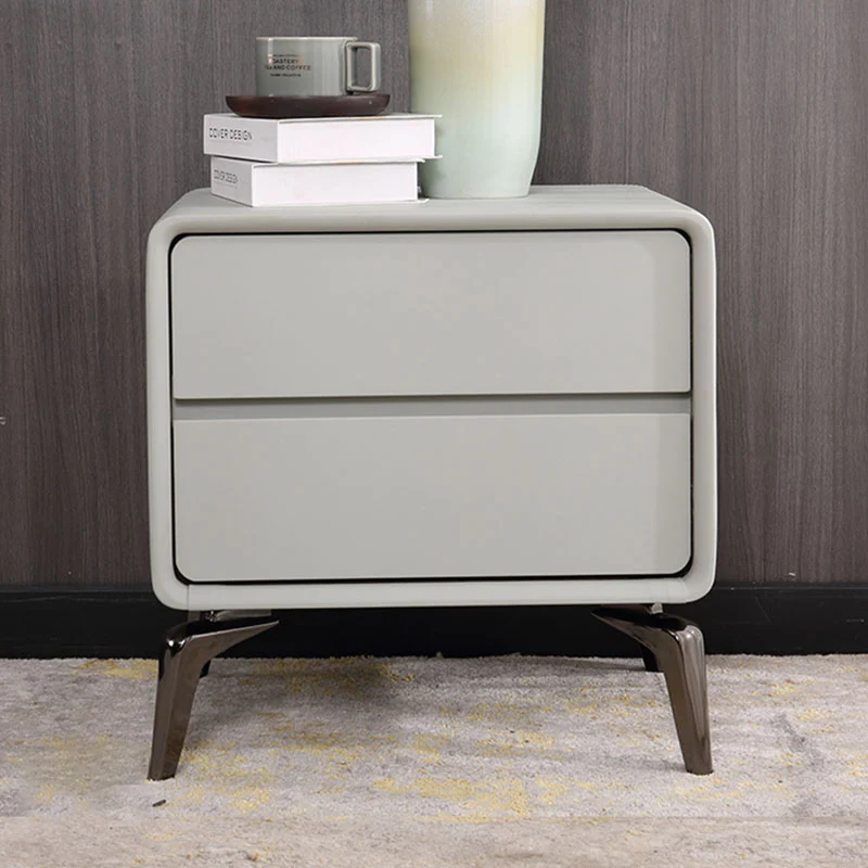 Modern Minimalist Design Nightstand - Refined Rounded Corners & Luxe Faux PVC Leather Charm Bedside Table 2-Drawer For Bedroom
