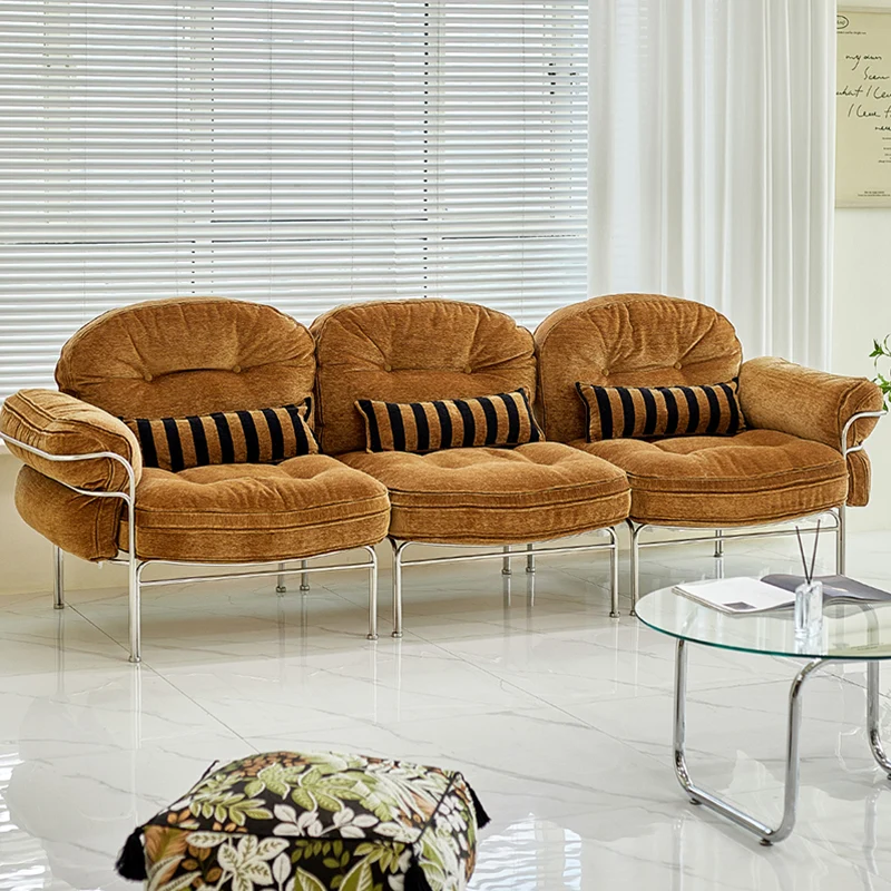 Traditional Vintage Arc Cloud Plywood Stainless Steel Chenille Cloud Cotton Down Feather Sofa 1/2/3-Seater For Living Room