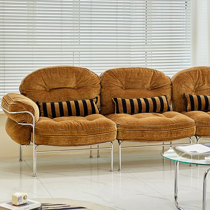 Traditional Vintage Arc Cloud Plywood Stainless Steel Chenille Cloud Cotton Down Feather Sofa 1/2/3-Seater For Living Room