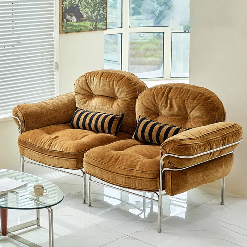 Traditional Vintage Arc Cloud Plywood Stainless Steel Chenille Cloud Cotton Down Feather Sofa 1/2/3-Seater For Living Room