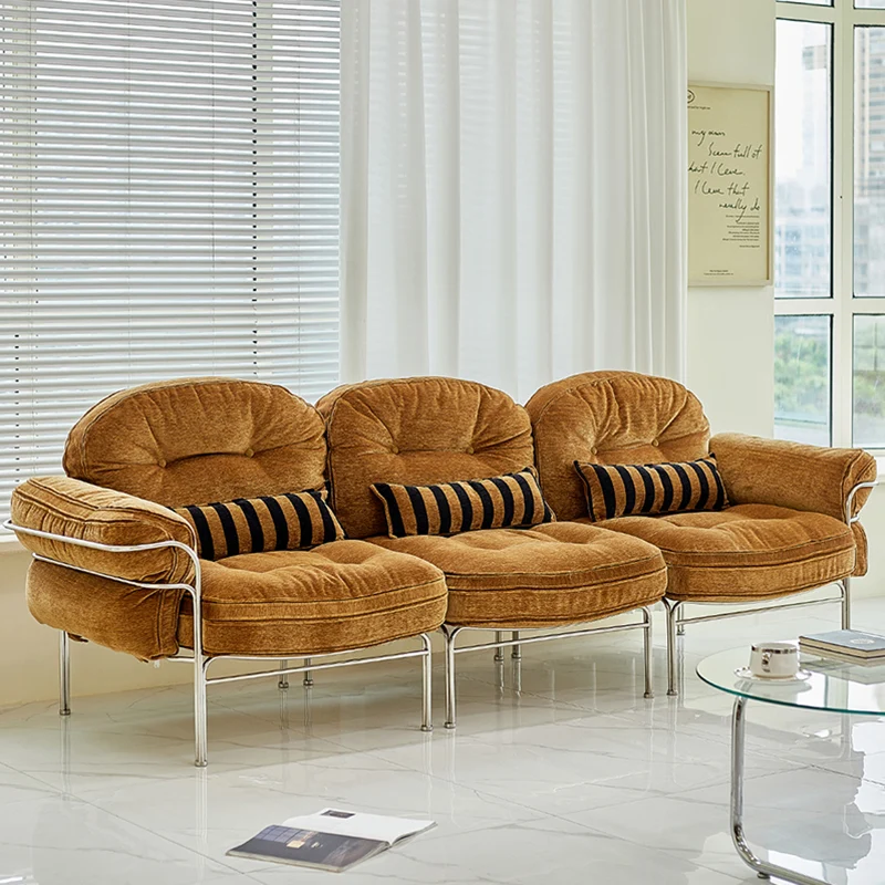 Traditional Vintage Arc Cloud Plywood Stainless Steel Chenille Cloud Cotton Down Feather Sofa 1/2/3-Seater For Living Room
