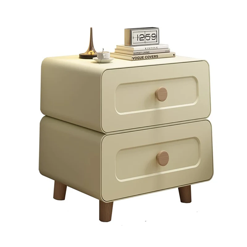 Modern Minimalist Steel Wood Rounded Square Nightstand With 2 Drawers For Bedroom