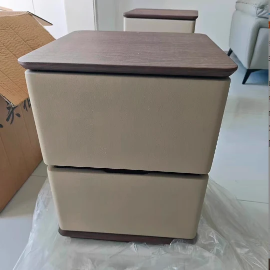 Modern Luxury Pine Plywood Pine Eco-board Cat Scratch Leather Metal Rounded Square Nightstand With 2 Drawers For Bedroom