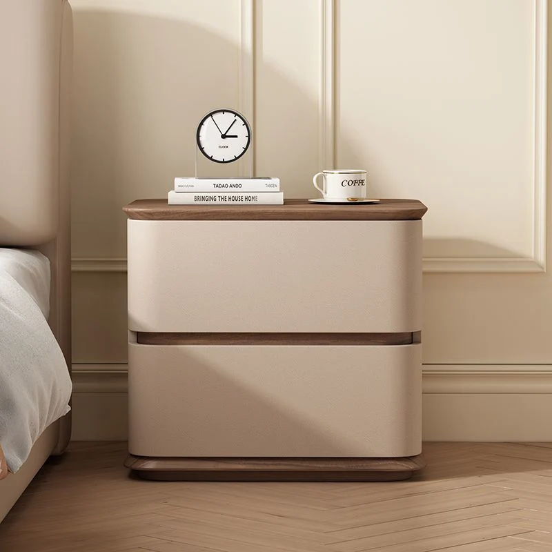 Modern Luxury Pine Plywood Pine Eco-board Cat Scratch Leather Metal Rounded Square Nightstand With 2 Drawers For Bedroom