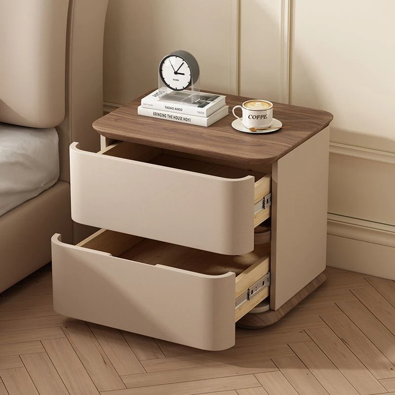 Modern Luxury Pine Plywood Pine Eco-board Cat Scratch Leather Metal Rounded Square Nightstand With 2 Drawers For Bedroom