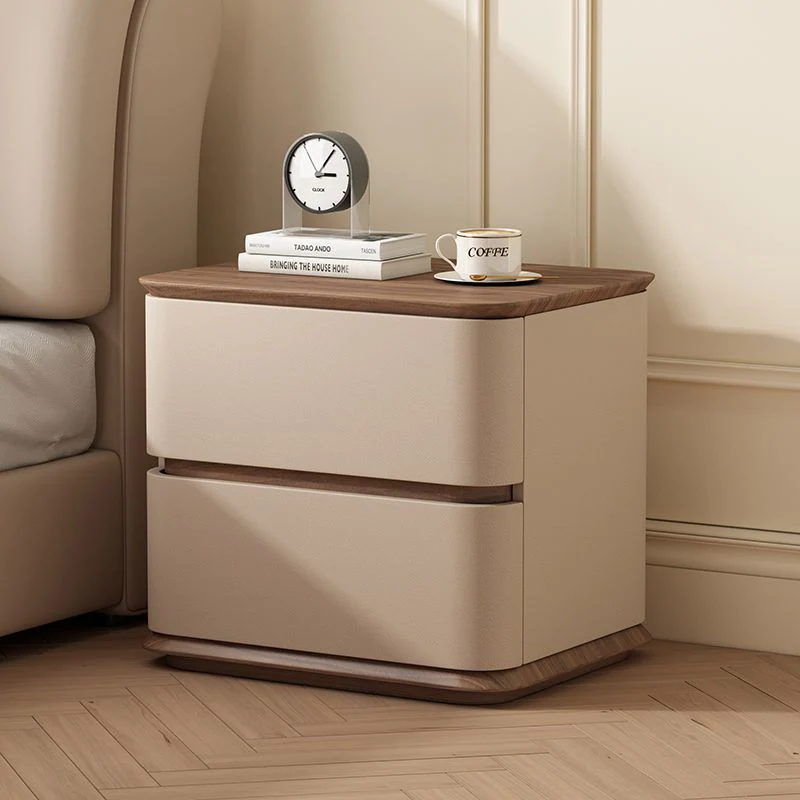 Modern Luxury Pine Plywood Pine Eco-board Cat Scratch Leather Metal Rounded Square Nightstand With 2 Drawers For Bedroom