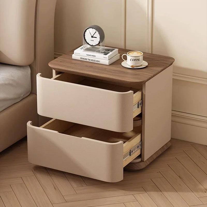 Modern Luxury Pine Plywood Pine Eco-board Cat Scratch Leather Metal Rounded Square Nightstand With 2 Drawers For Bedroom
