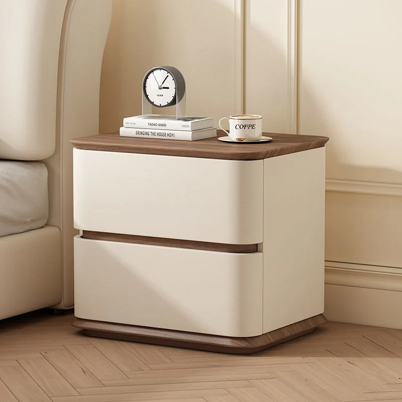 Modern Luxury Pine Plywood Pine Eco-board Cat Scratch Leather Metal Rounded Square Nightstand With 2 Drawers For Bedroom