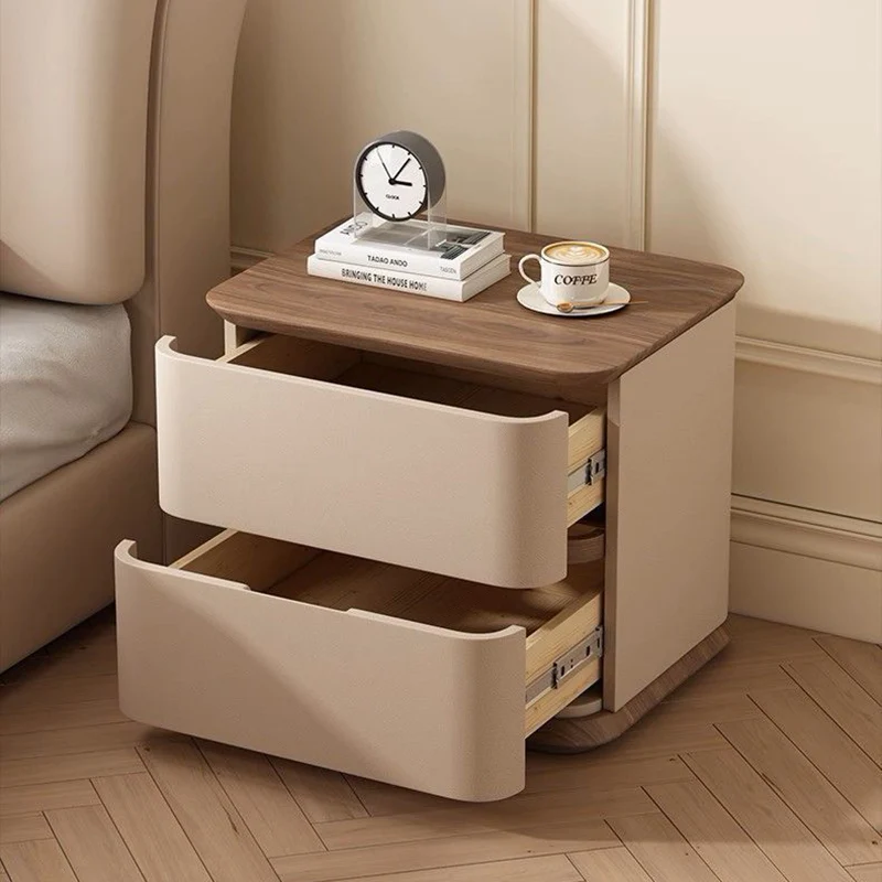 Modern Luxury Pine Plywood Pine Eco-board Cat Scratch Leather Metal Rounded Square Nightstand With 2 Drawers For Bedroom