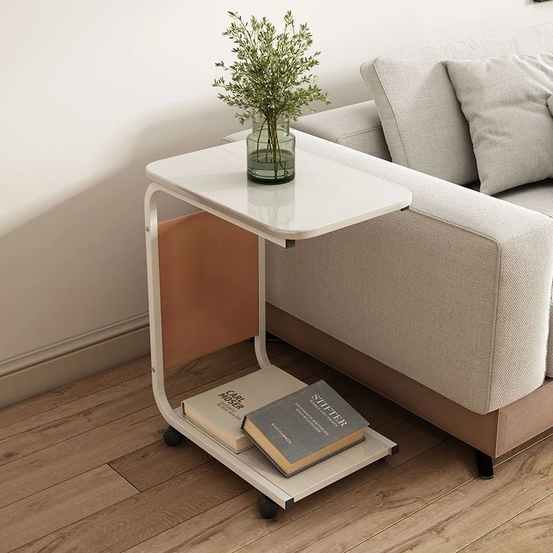 Contemporary Scandinavian Wood Steel C-Shaped Rectangular Side Table With 2 Tiers For Living Room
