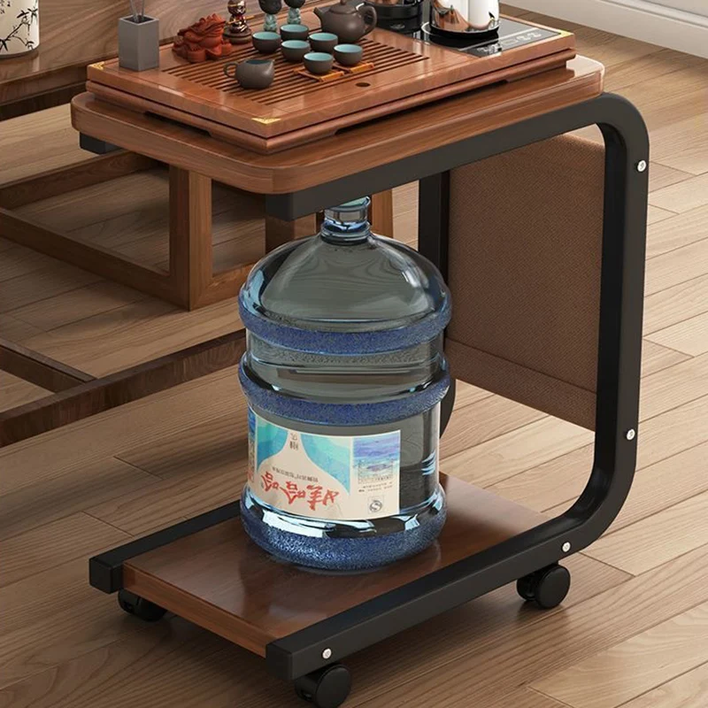 Contemporary Scandinavian Wood Steel C-Shaped Rectangular Side Table With 2 Tiers For Living Room