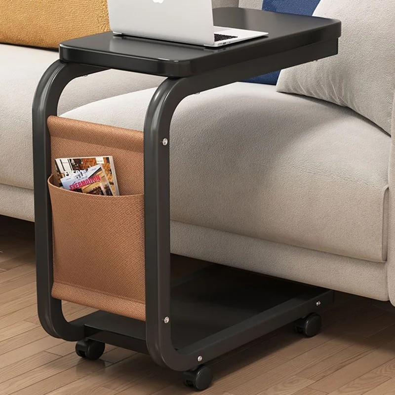 Contemporary Scandinavian Wood Steel C-Shaped Rectangular Side Table With 2 Tiers For Living Room
