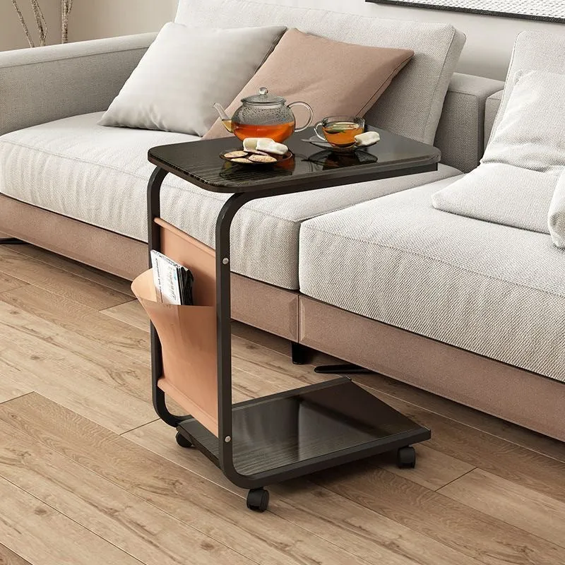 Contemporary Scandinavian Wood Steel C-Shaped Rectangular Side Table With 2 Tiers For Living Room