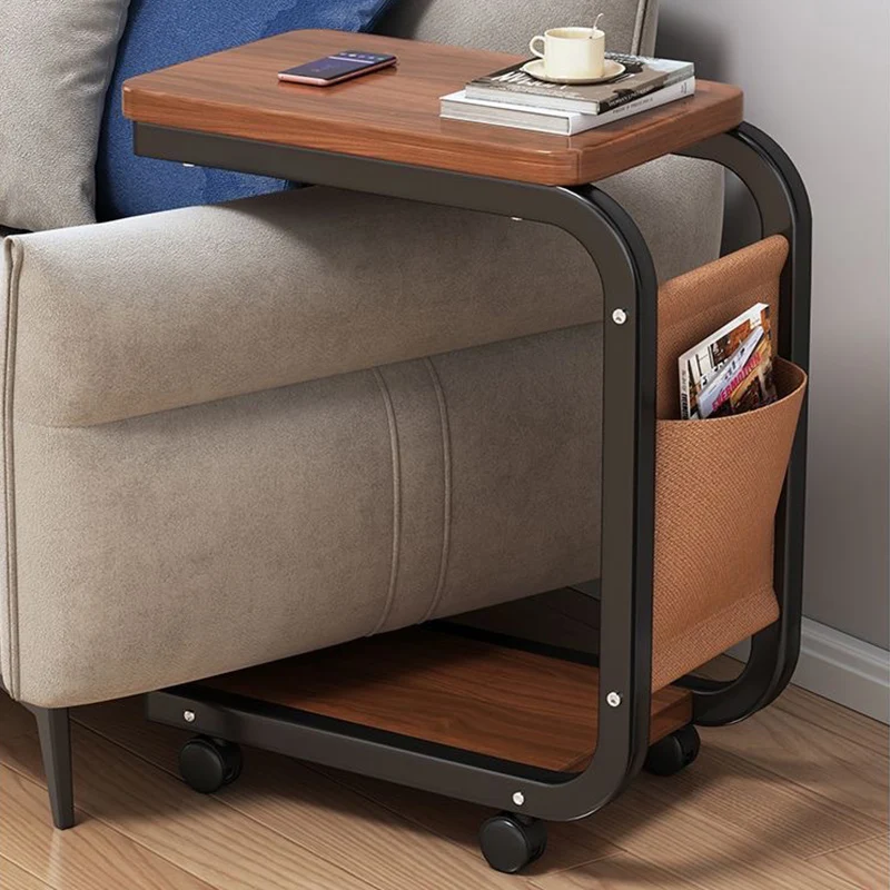 Contemporary Scandinavian Wood Steel C-Shaped Rectangular Side Table With 2 Tiers For Living Room