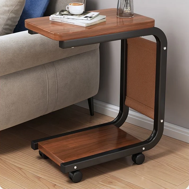 Contemporary Scandinavian Wood Steel C-Shaped Rectangular Side Table With 2 Tiers For Living Room