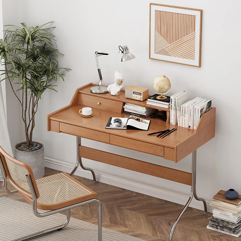 Contemporary Scandinavian Pine Wood Cherry Wood Stainless Steel Rectangular Curved Desk 3-Drawer For Bedroom