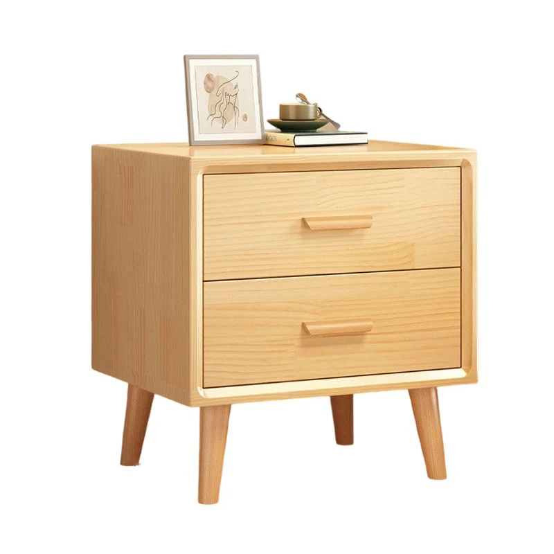 Modern Minimalist Pine Wood Plywood Rounded Square Cylindrical Nightstand 2-Drawer For Bedroom