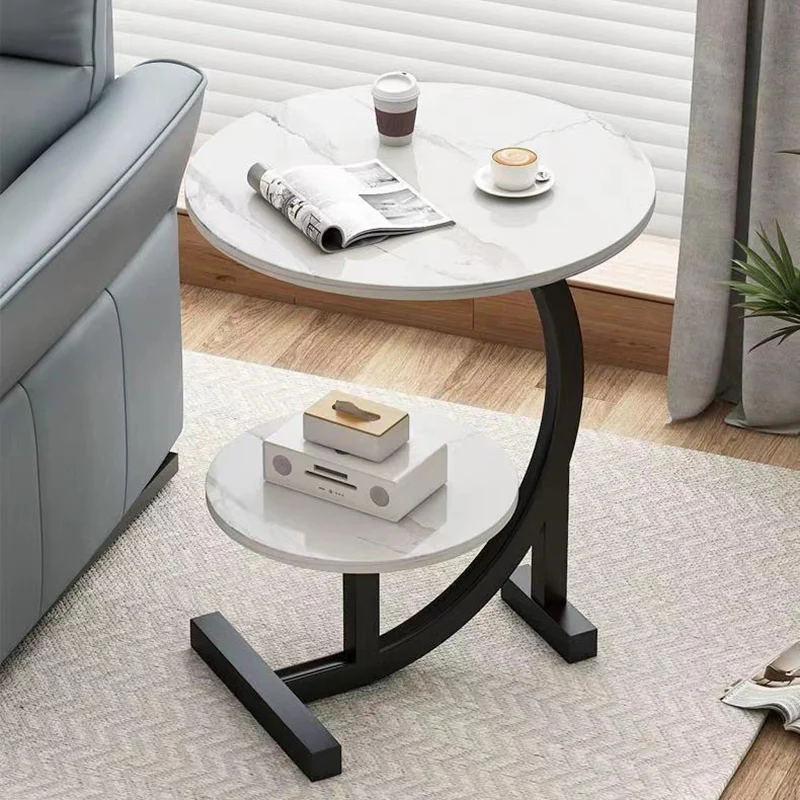Contemporary Scandinavian Medium-density fiberboard Iron C-Shaped Round End Table 2-Tier For Living Room