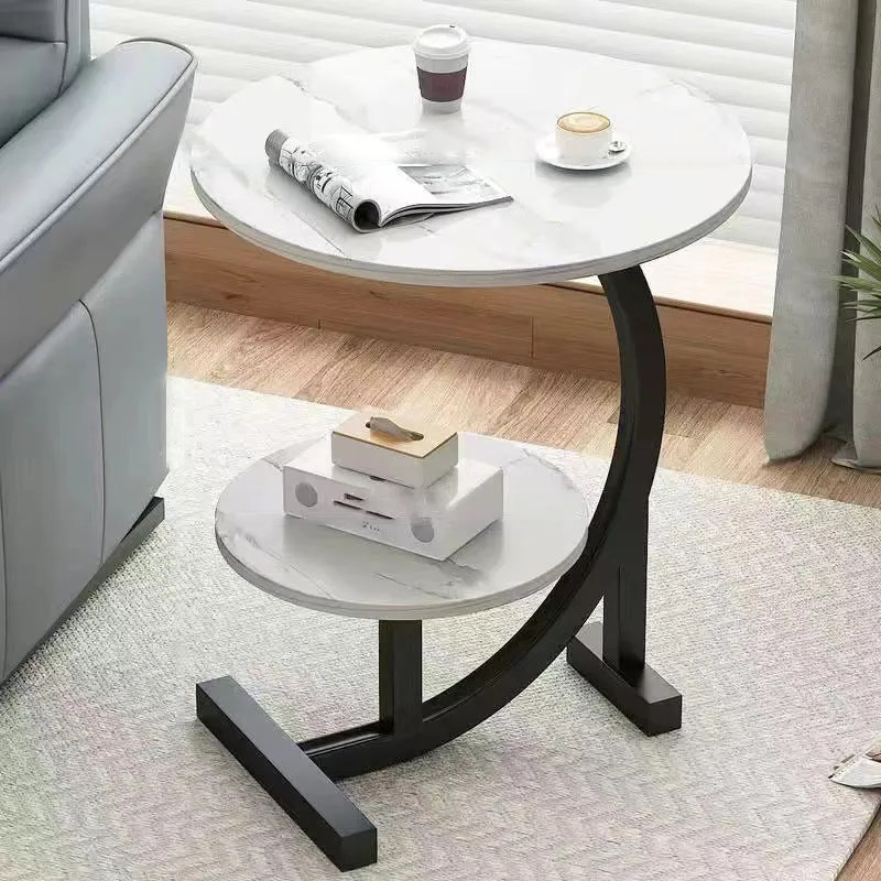 Contemporary Scandinavian Medium-density fiberboard Iron C-Shaped Round End Table 2-Tier For Living Room