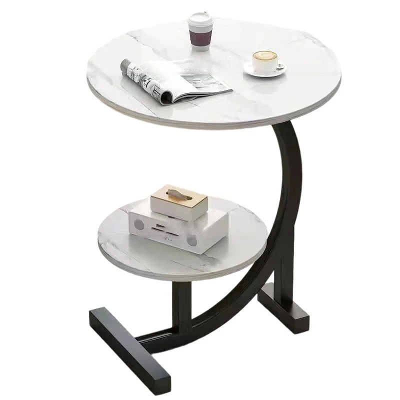 Contemporary Scandinavian Medium-density fiberboard Iron C-Shaped Round End Table 2-Tier For Living Room