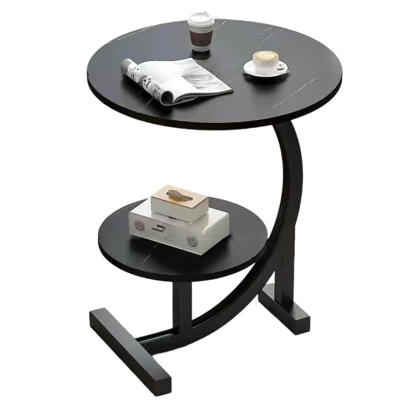 Contemporary Scandinavian Medium-density fiberboard Iron C-Shaped Round End Table 2-Tier For Living Room
