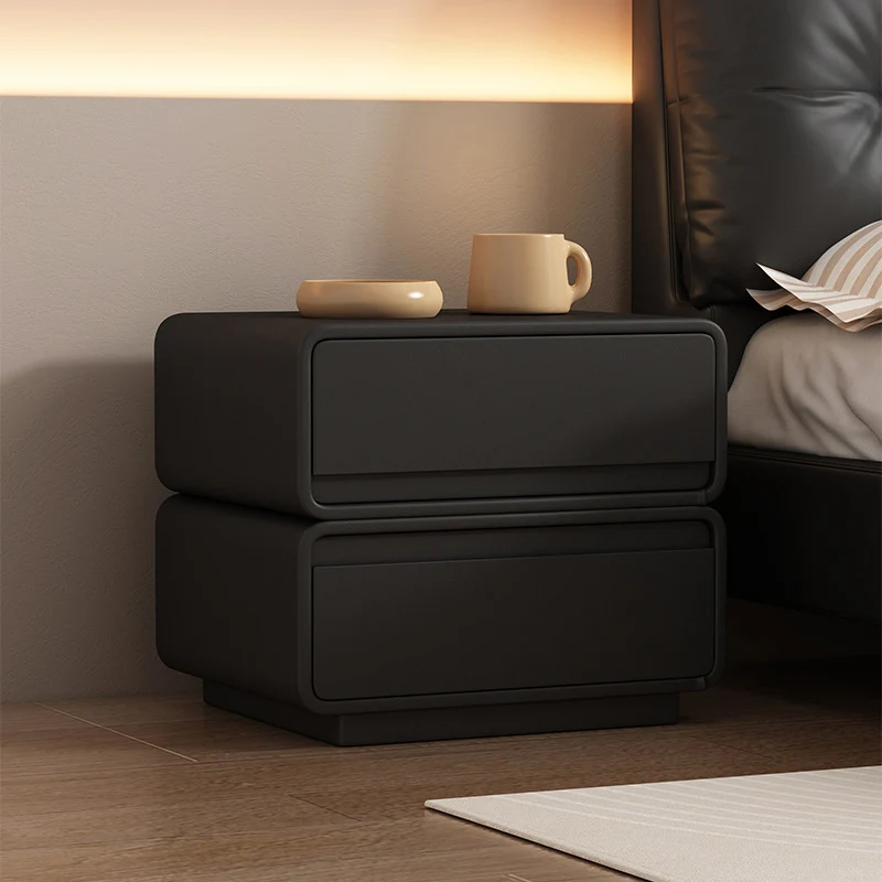 Contemporary Nordic Rectangular Plywood Solid Wood Microfiber Leather Nightstand 2-Drawer For Bedroom