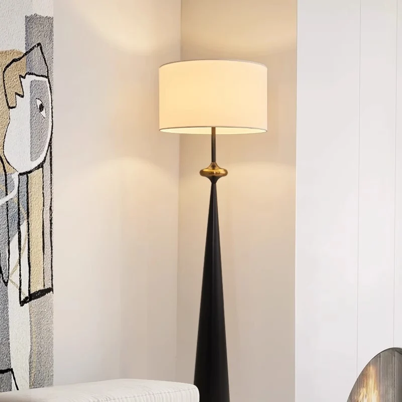 Traditional Japanese Cylindrical Conical Iron Fabric 1-Light Standing Floor Lamp For Living Room