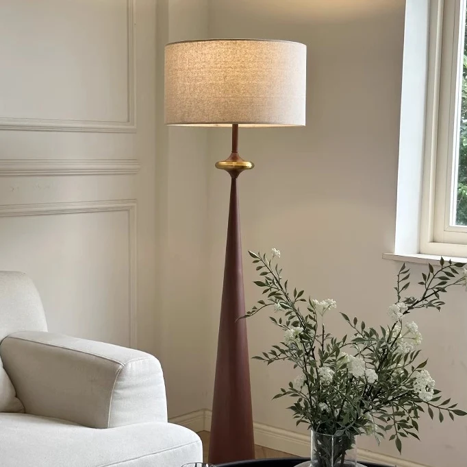 Traditional Japanese Cylindrical Conical Iron Fabric 1-Light Standing Floor Lamp For Living Room