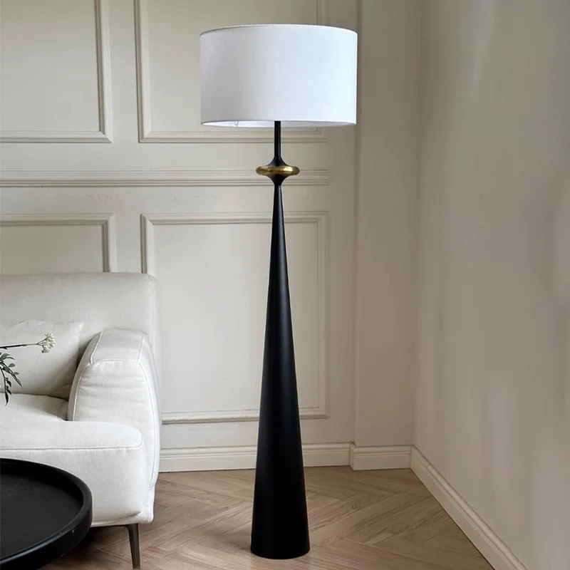 Traditional Japanese Cylindrical Conical Iron Fabric 1-Light Standing Floor Lamp For Living Room