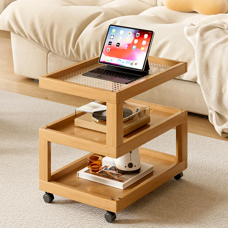 Contemporary Creative Geometric Nan Bamboo MDF Plastic Rattan Weaving Movable End Table 3/4-Tier For Living Room