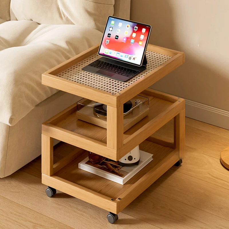 Contemporary Creative Geometric Nan Bamboo MDF Plastic Rattan Weaving Movable End Table 3/4-Tier For Living Room