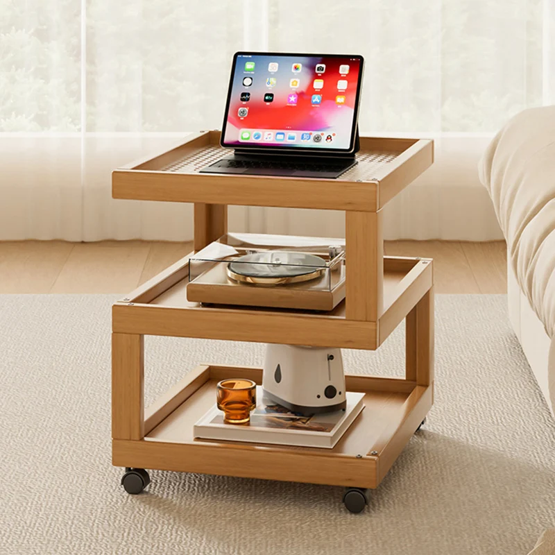 Contemporary Creative Geometric Nan Bamboo MDF Plastic Rattan Weaving Movable End Table 3/4-Tier For Living Room
